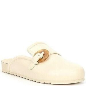 Deltan Brynn Ivory Cream Leather Buckle Slip On Boho Clog Mules